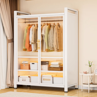 衣柜家用卧室新款 钢制置物架防尘靠墙一体小户型收纳 衣橱简易组装