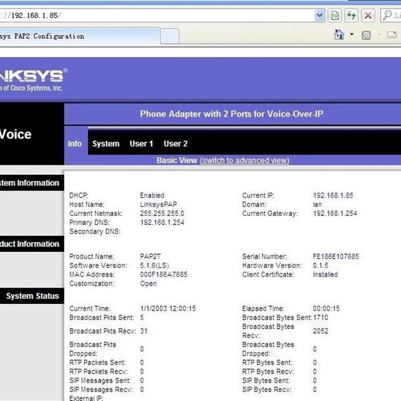 PAP2T LINKSYS PAP2T-NA SIP VOIP Phone Adapter VoIP phone Lin