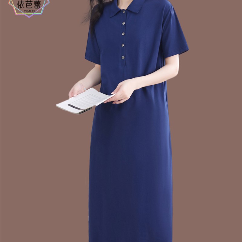 夏季纯棉绸连衣裙女宽松翻领针织裙中年妈妈长款过膝短袖t恤裙子