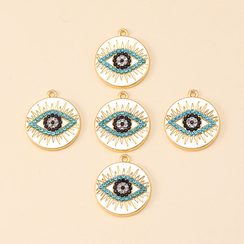 12Pcs Gold Color Metal Gem Evil Blue Eye Charms Round Pendan