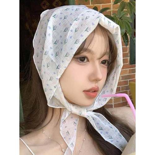 海边拍照饰品轻薄三角头巾女款防风乱发纱巾清新碎花绑发包头帽子