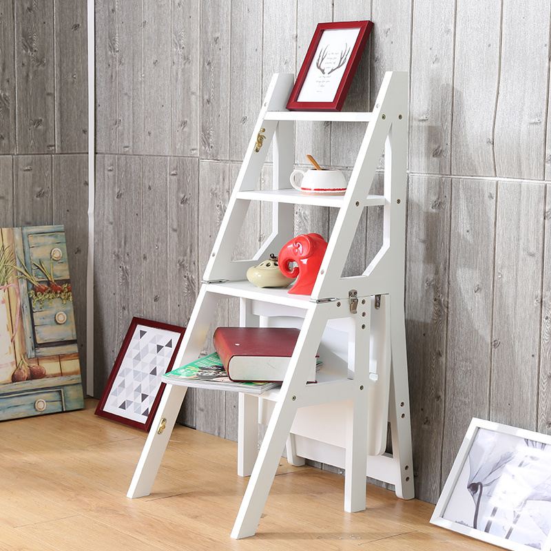 Home Foldable 4-layer Stair Chair Solid Wood Folding Ladder