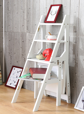 Home Foldable 4-layer Stair Chair Solid Wood Folding Ladder