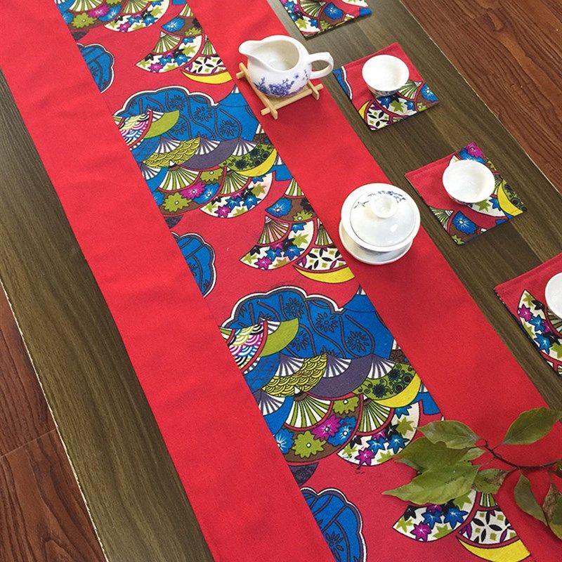 中式新古典民族布艺亚麻蓝色印花桌旗 茶几餐桌布艺软饰台布 床旗,居家布艺,桌旗,淘宝优惠券,粉丝福利购,淘宝优惠卷
