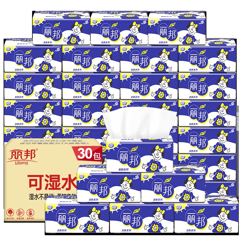 丽邦Libang抽纸4层柔韧整箱家庭装原生木浆卫生纸巾餐巾纸30包*30