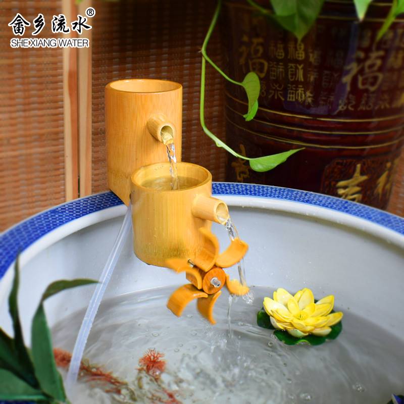 竹子流水摆件石槽循环氧装饰造景竹筒水车流水器水族鱼缸过滤器