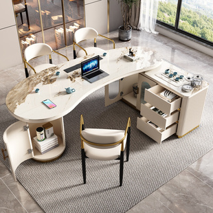 轻奢书桌茶桌一体岩板多功能现代简约家用老板办公桌写字台桌转