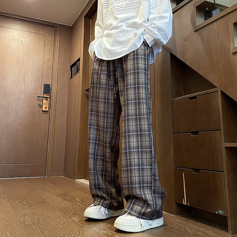 格子休闲裤男2024春季新款慵懒风宽松大码阔腿裤高街痞帅直筒裤子