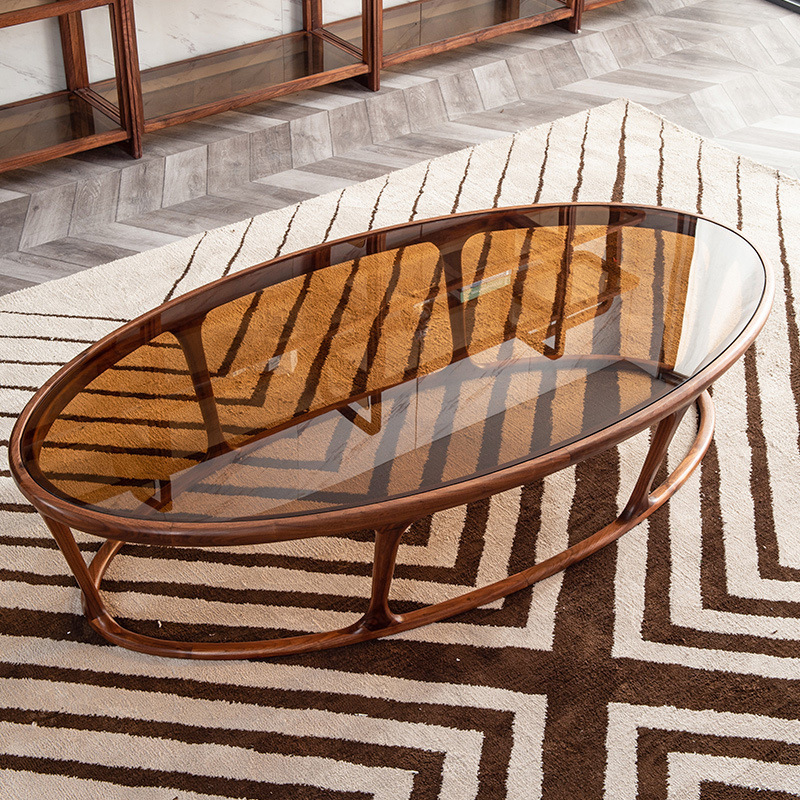 北美黑胡桃木钢化玻璃茶几客厅家用椭圆形实木北欧意式茶台家具