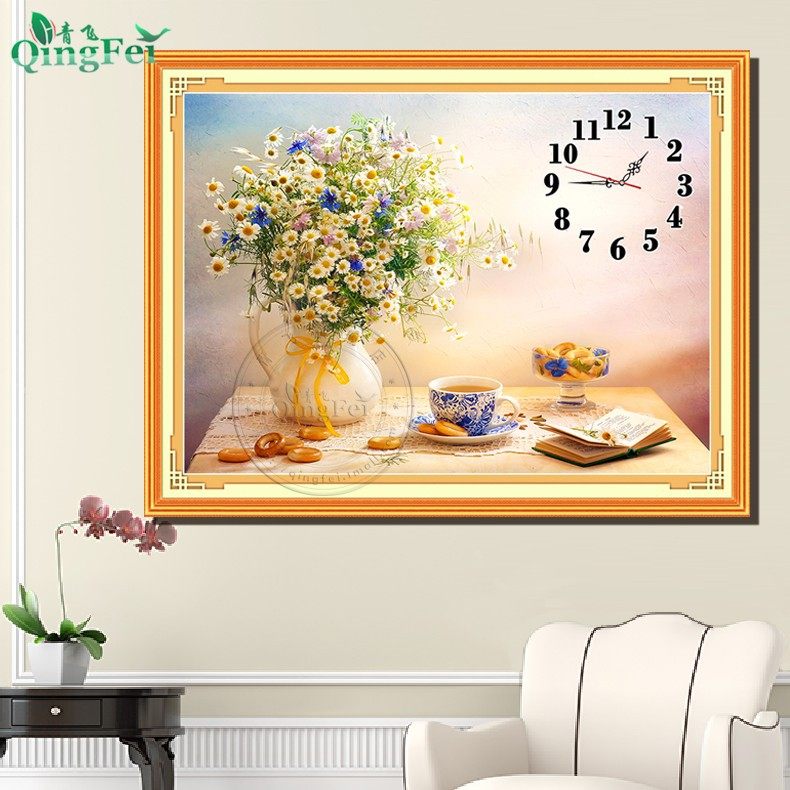 青飞精准印布雏菊悠闲时光【钟表版】十字绣客厅线绣花卉系列越南