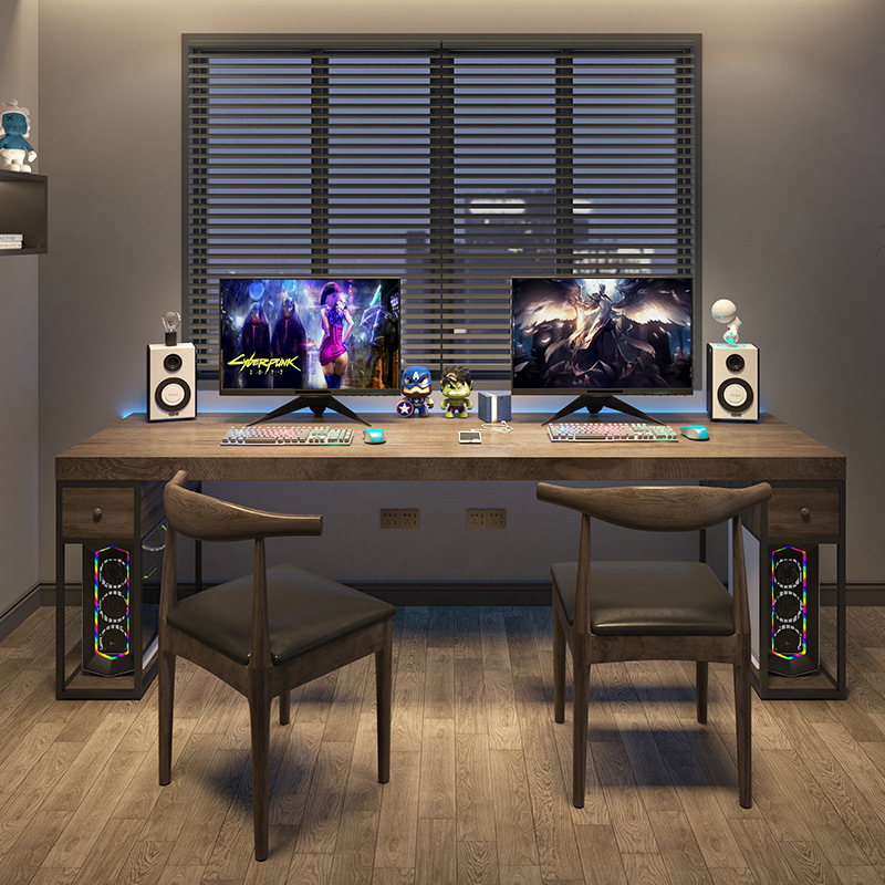 实木双人电脑桌现代简约家用书桌写字台长条办公桌带抽屉主机桌子