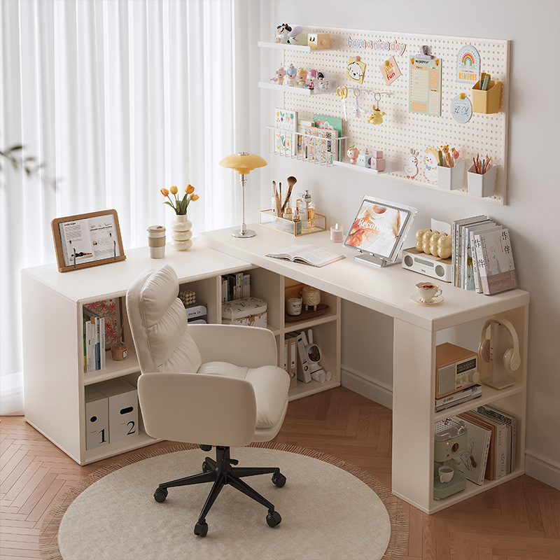 转角书桌家用学习桌子卧室女生梳妆台书柜一体实木l型拐角电脑桌