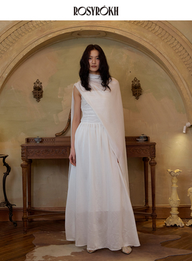 ROSYROKH 静筑层光褶皱抹胸连衣裙高级白色超仙大摆宴会礼服长裙