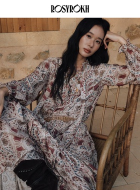 ROSYROKH原创设计25AW复古印花连衣裙女长款收腰显瘦两件套长裙子