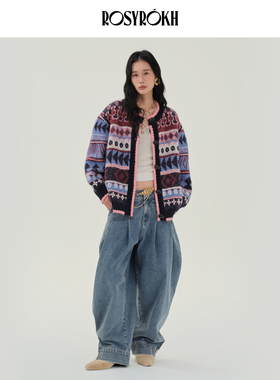 ROSYROKH原创设计25AW复古提花费尔岛针织开衫女长袖宽松显瘦毛衣