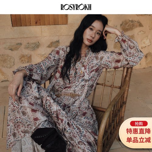 复古印花连衣裙女长款收腰显瘦