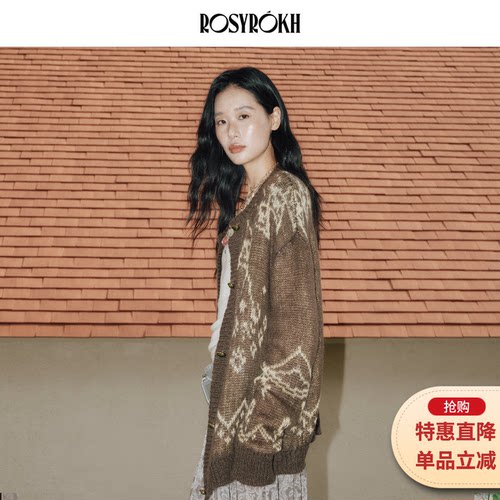 复古提花针织开衫女长袖宽松毛衣