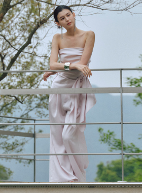 novita原创设计气质紫色妹妹漂亮缎面不规则绑带外穿抹胸上衣T恤