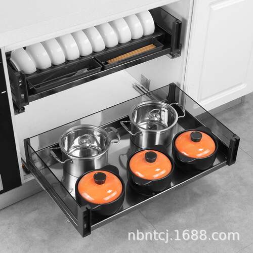 橱柜拉篮厨房4不锈钢篮双层抽置屉式内碗碟架尼0静音缓冲阻导轨