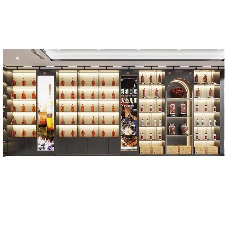 高端烟酒商行展示柜设计会所展厅不锈钢酒柜白酒红酒展示架高柜