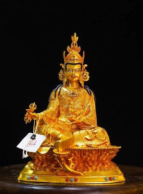 纯铜手工錾刻莲师尼泊尔工艺精品仿古鎏金莲花生大士像摆件十寸