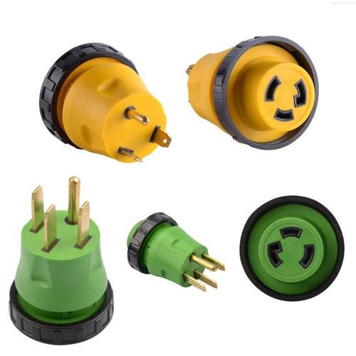 黄色绿色房车用15A转50A30A电源转换插头游艇用铜脚龙三脚公插