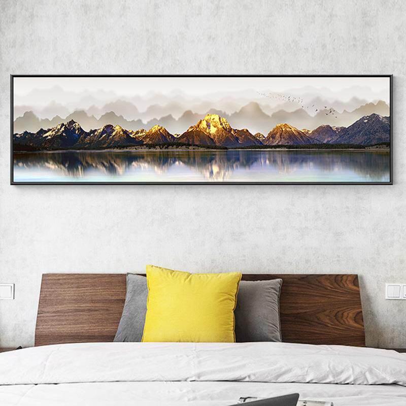 北欧卧室床头背景装饰画现代简约山水挂画客厅墙面上大气金山壁画