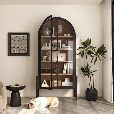 美式实木书柜双门弧形展示柜北欧简约边柜儿童房衣柜收纳柜储物柜