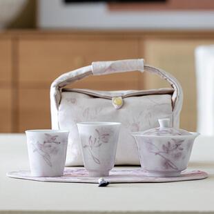便携式茶具套装女士旅行一壶两杯户外差旅茶具随身收纳包暮紫兰心