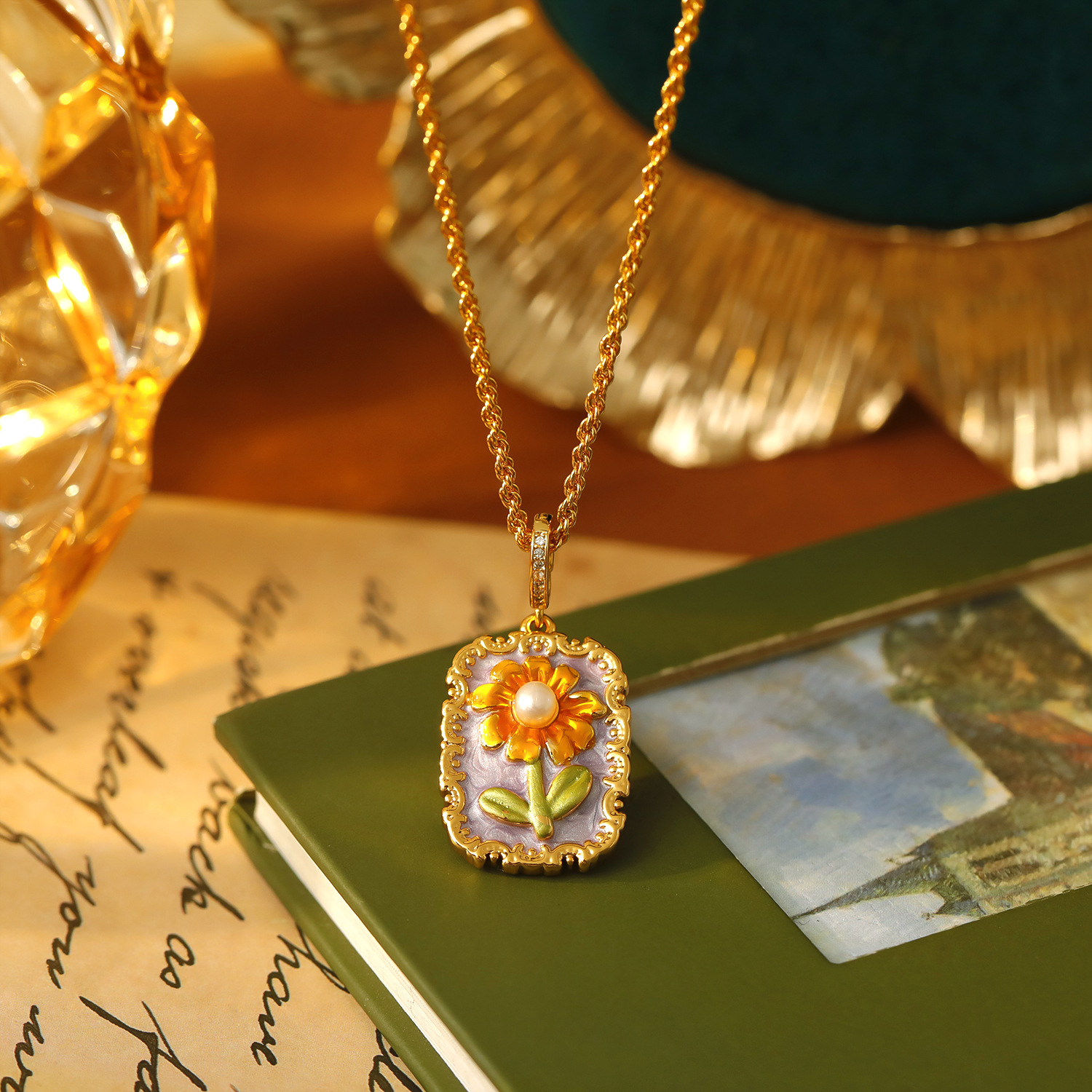 法式莫奈花园向日葵油画项链