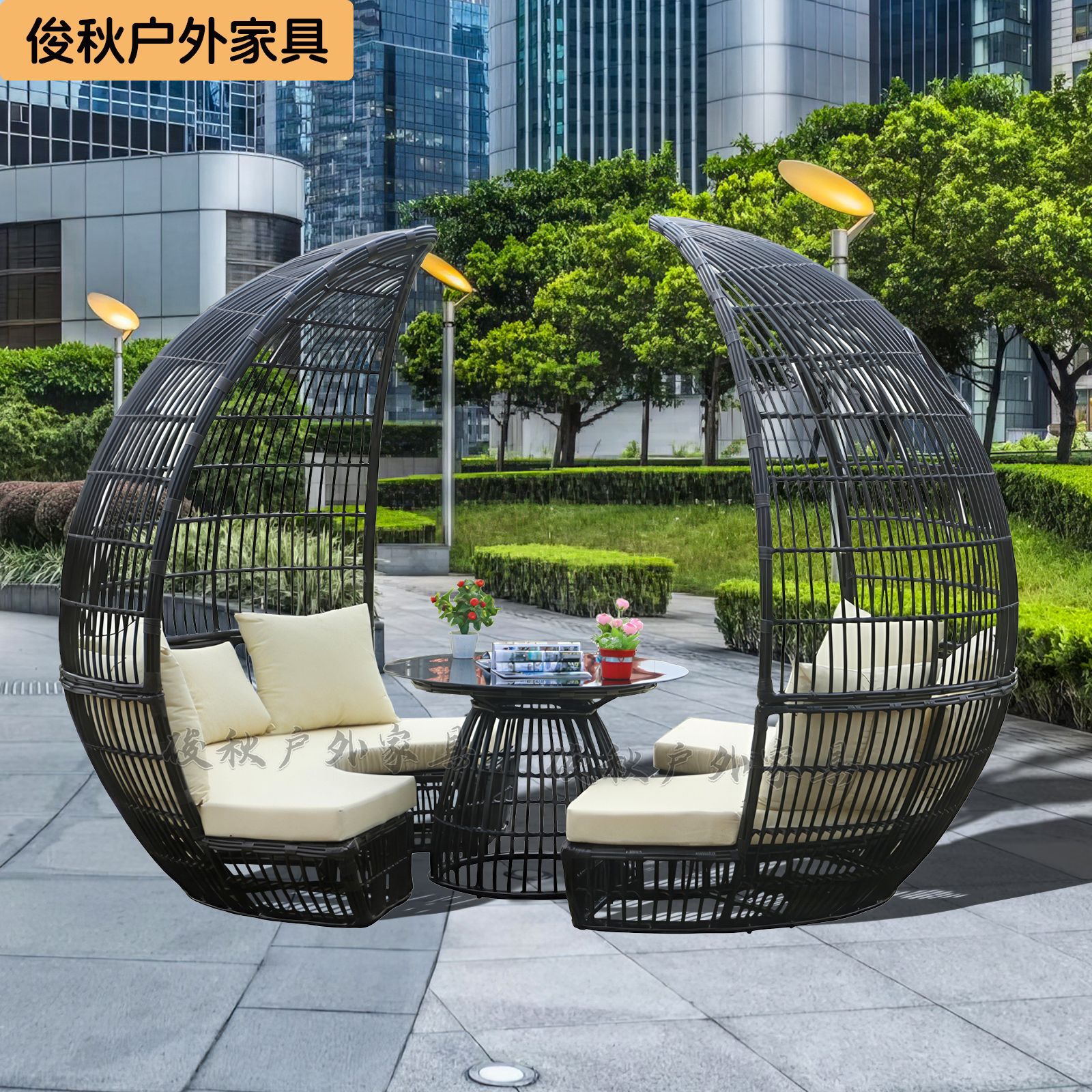 户外高档藤艺别墅家具五金藤沙发躺床藤编织桌椅创意沙滩鸟巢圆床