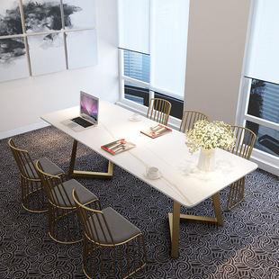 意式岩板会议桌 简约办公室大理石洽谈桌椅 轻奢工作室长条培训桌