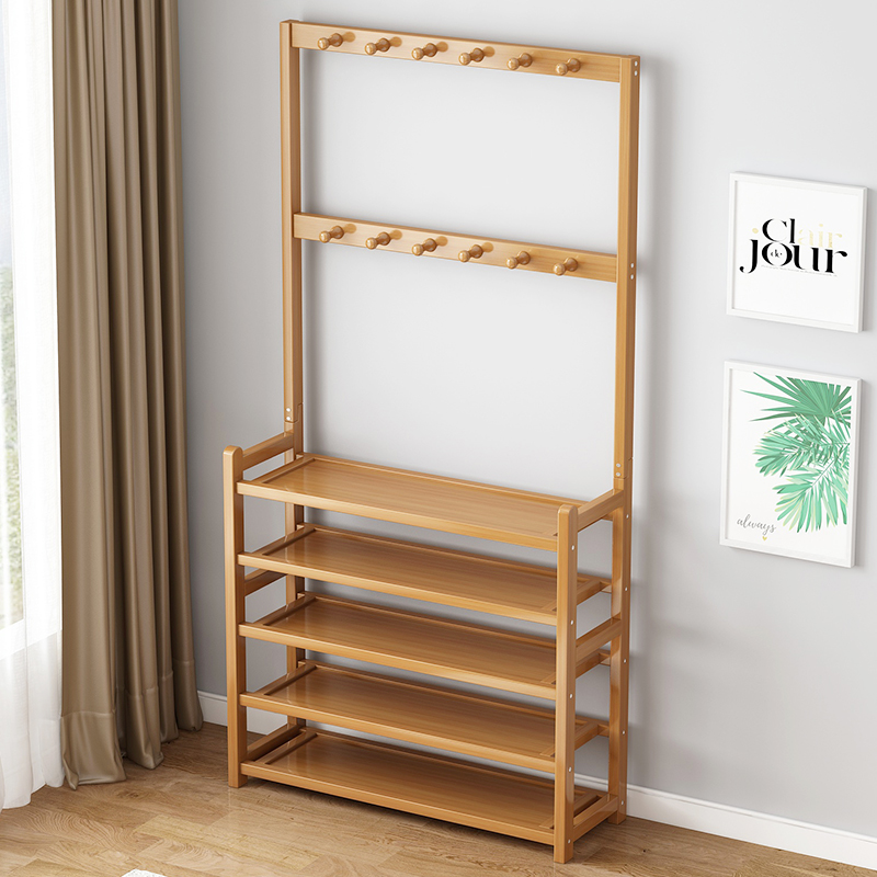 多功能一体式鞋架衣帽架落地家用实木置物架门口室内简易多层鞋柜