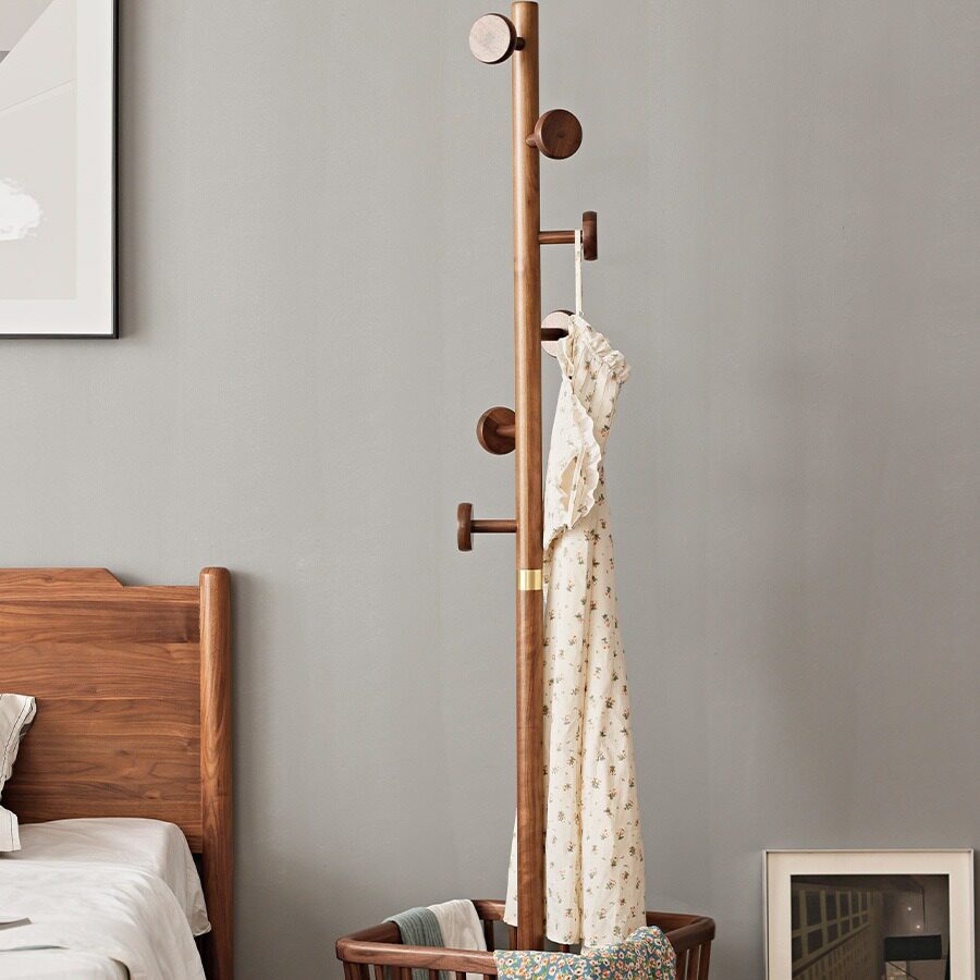 脏衣篮篓落地衣架实木黑胡桃家用客厅卧室室内挂衣架多功能衣帽架