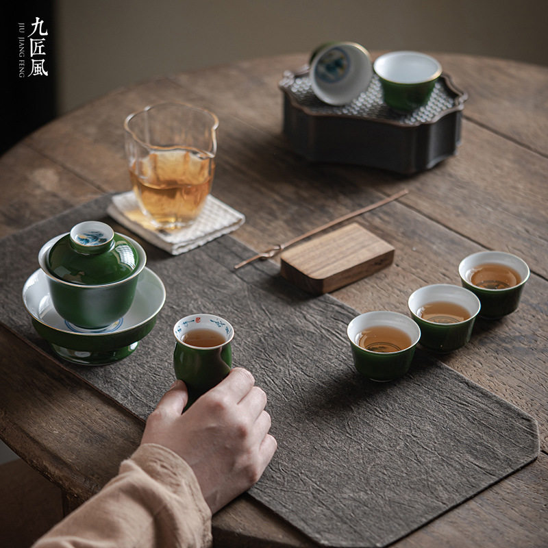 九匠风 祖母绿千里江山茶具套装 仿古陶瓷盖碗茶杯礼品茶具套装