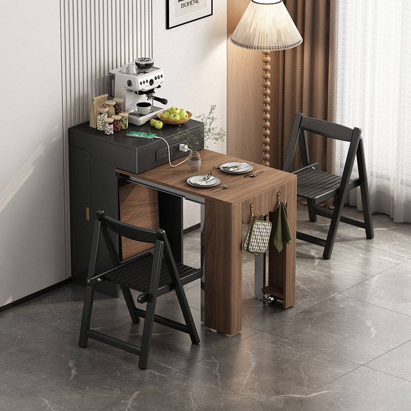 实木窄岛台餐桌一体可伸缩迷你小户型家用中古风折叠餐桌椅组合