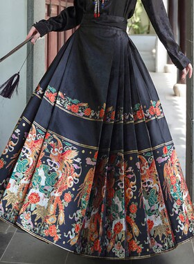 速发常中式裙面裙半身裙百褶改良汉服成人日新通勤国风半马长款