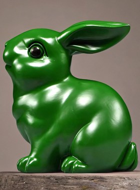 速发绿十实木雕刻兔子摆件三合色二生肖木头兔家厅客居补角礼品