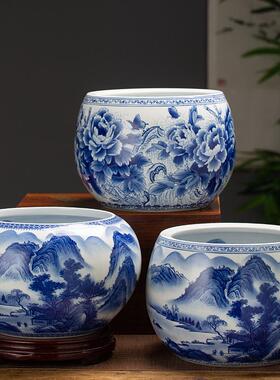 景德镇陶瓷器手绘青花瓷聚宝盆客厅玄关桌面中式装饰摆件招财鱼缸