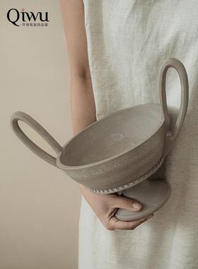 齐物软装法式中古风双耳高脚水果盘摆件覆古艺术干 干果盘客厅茶