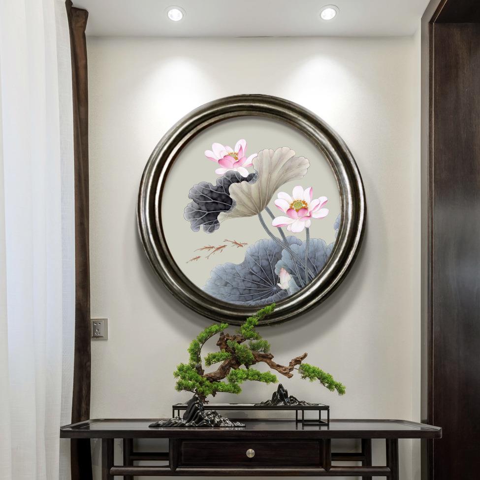 新中式玄关装饰画荷花油画圆形复古过道现代挂画入户酒店别墅壁画图片