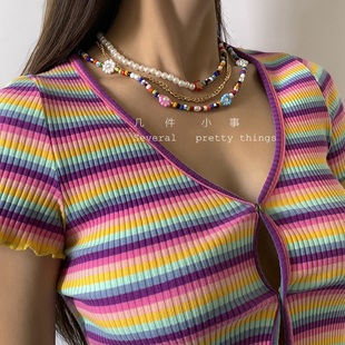 几件小事波西米亚森女系清新甜美小雏菊碎花撞色米珠多层叠戴项链