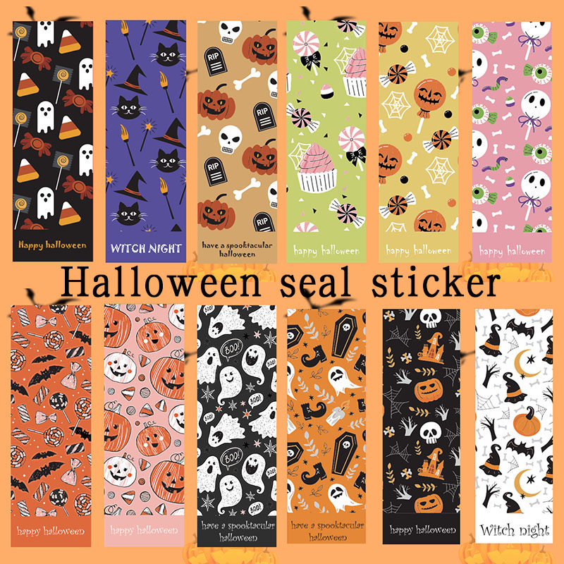 30-90pcs 9*3CM Happy Halloween Stickers Pumpkin Witch Skull
