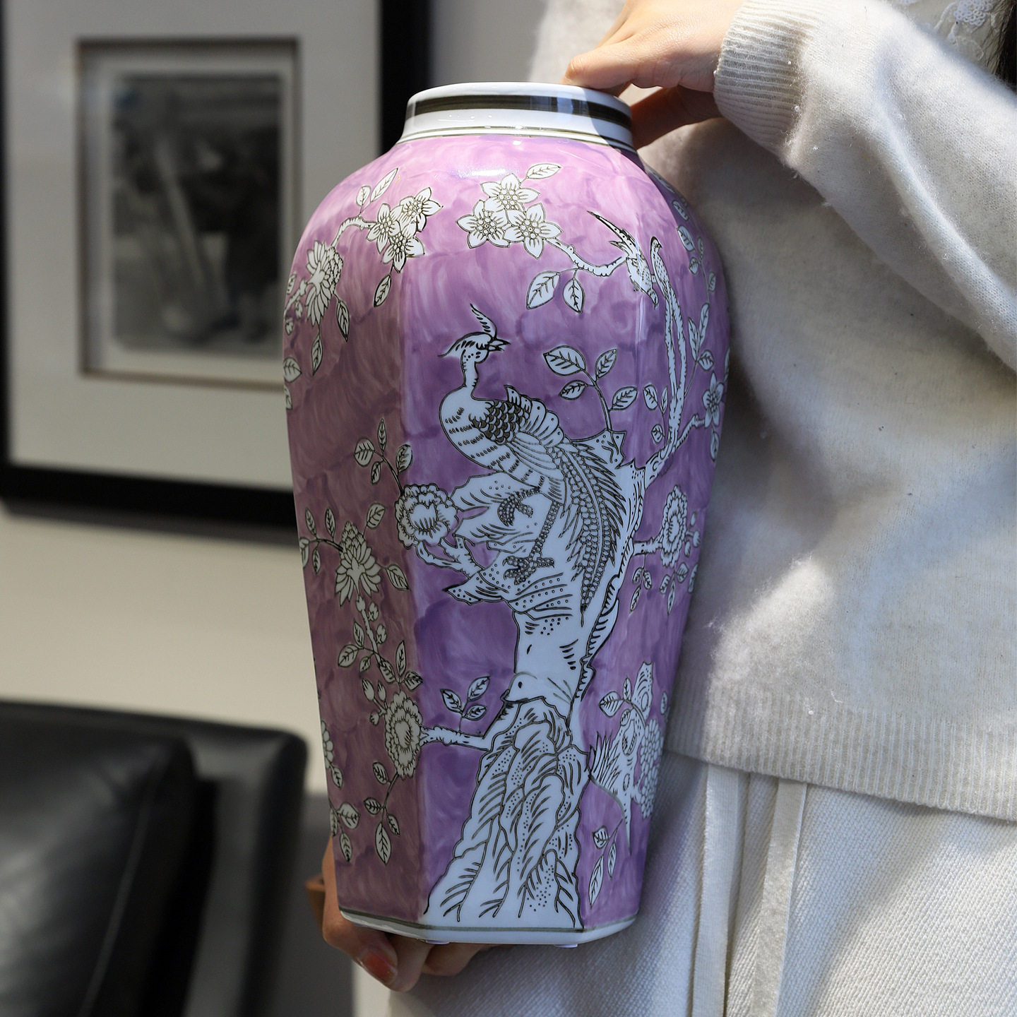 紫色陶瓷花瓶青花瓷花器可水培六方瓶摆件客厅装饰青花瓷六方瓶