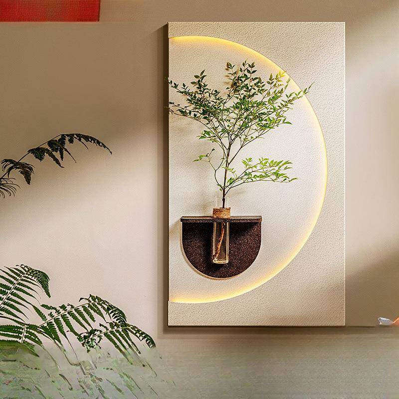 奶油风玄关装饰画水培绿植壁灯光画感客厅挂画入户正对门壁画