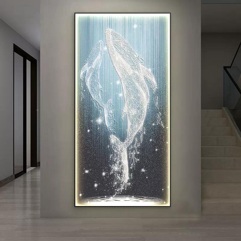 入户灯玄门关装饰画现过代简约走廊道挂画LED画正对竖版鲸鱼al202