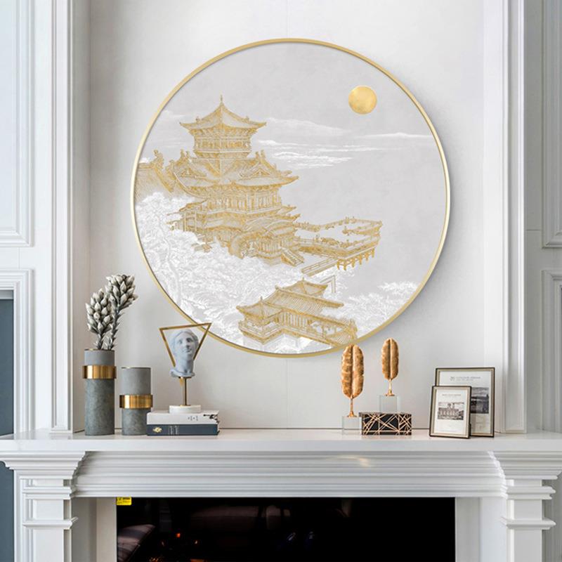 新中式圆形玄关装饰画古代建筑走廊挂画客厅别墅中国风意境墙壁画图片