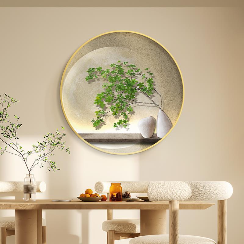 迎客松树玄关装饰画新中式鹿入户门圆形壁画走廊过道茶室带灯挂画