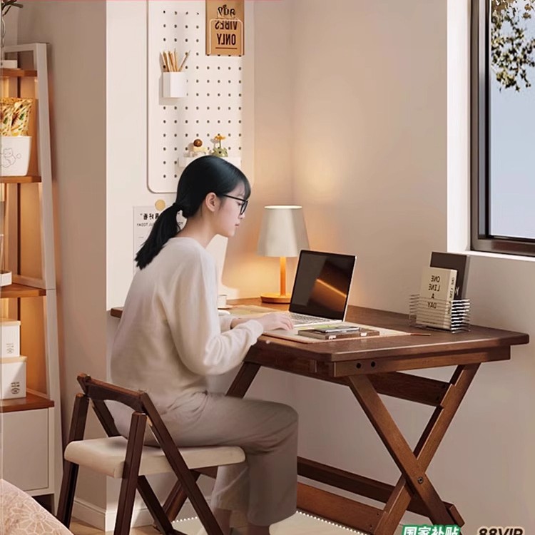 家逸实木折叠电脑桌学生书桌家用办公桌卧室小户型床边学习小桌子
