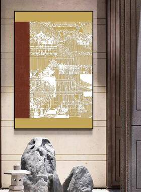 入户玄关装饰画古建筑画新中式走廊过道壁画红色高档酒店挂画